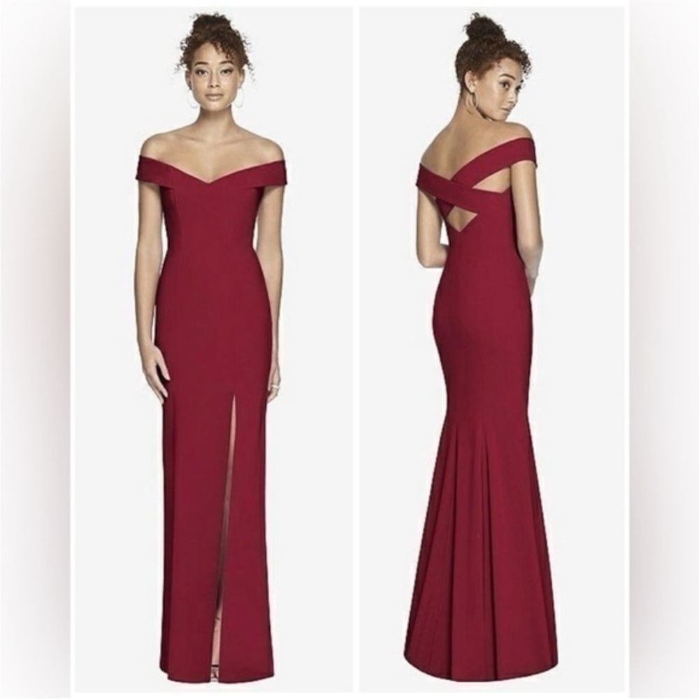 Dessy Collection Wine Off-Shoulder Maxi Dress